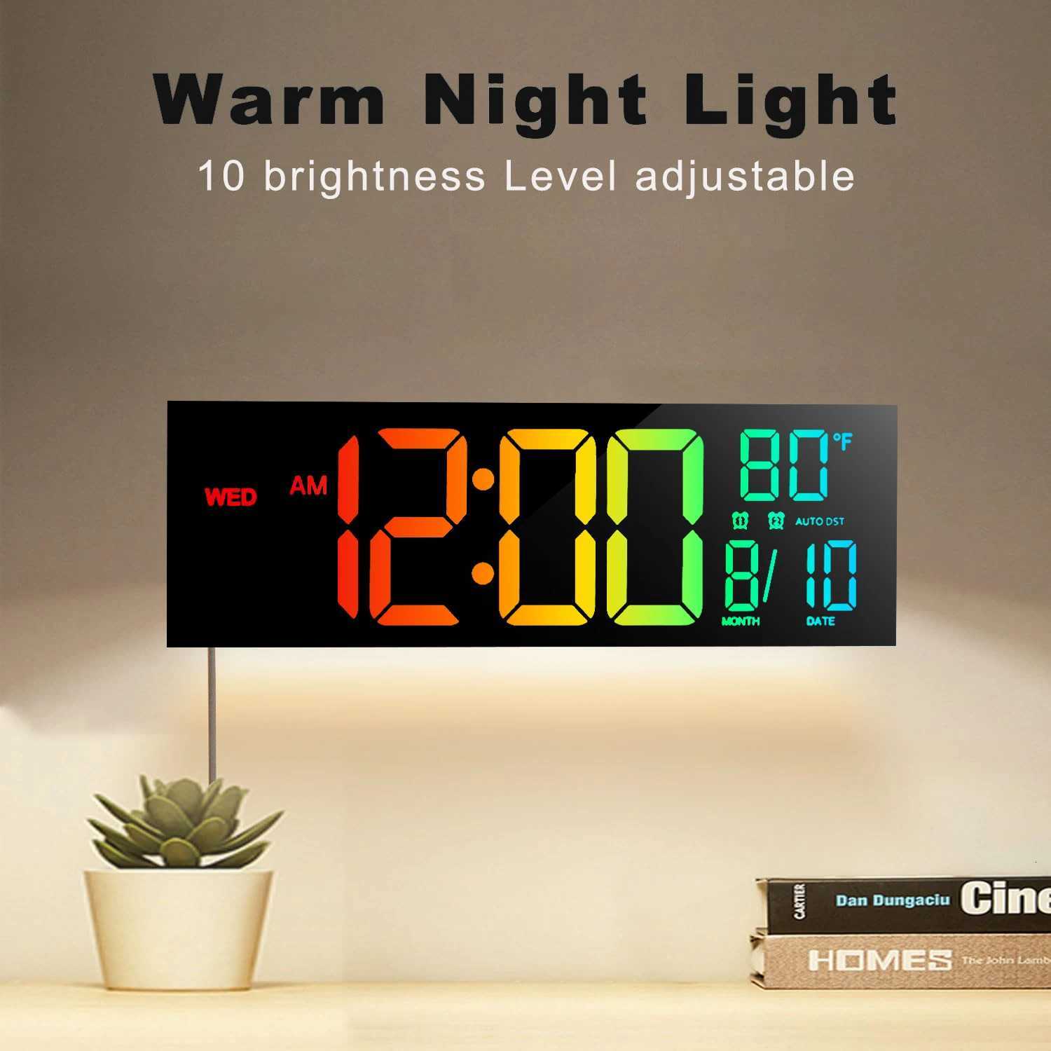 16 Large Digital Wall Clock Big LED Display with Remote 8 RGB Color Alarm DST Temperature for Living Room Kitchen C251015