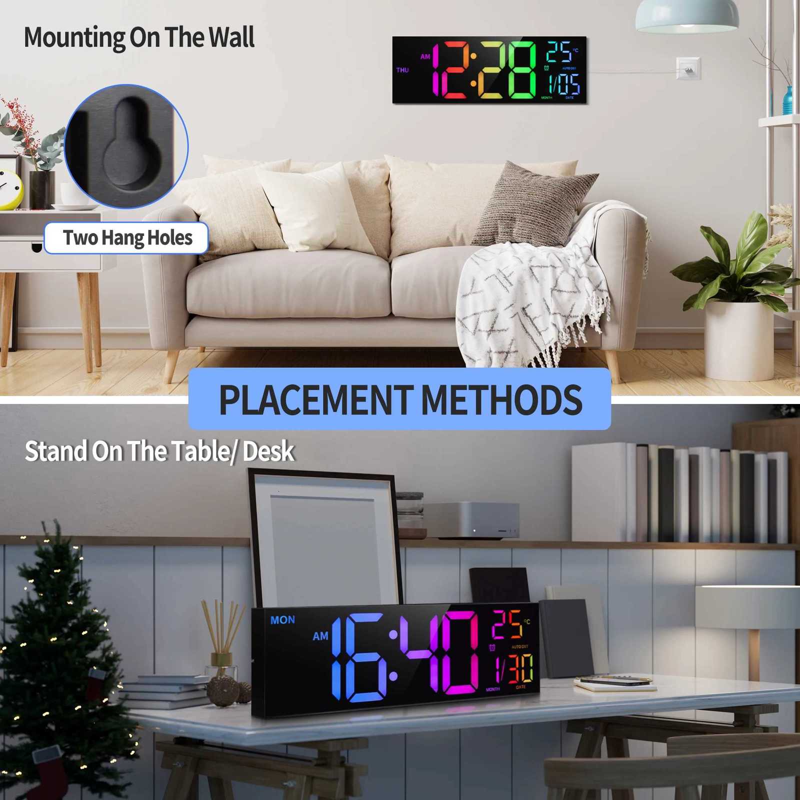 16 Large Digital Wall Clock Big LED Display with Remote 8 RGB Color Alarm DST Temperature for Living Room Kitchen C251015