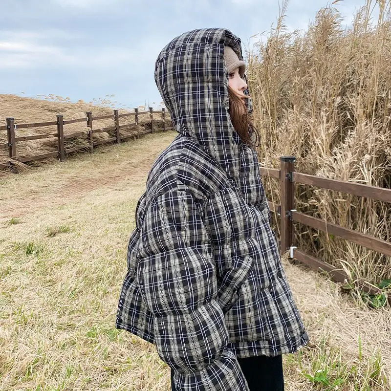 Retro Plaid Short Down Cotton Jacket for Petite Women in Winter Highend Cotton Jacket 251011