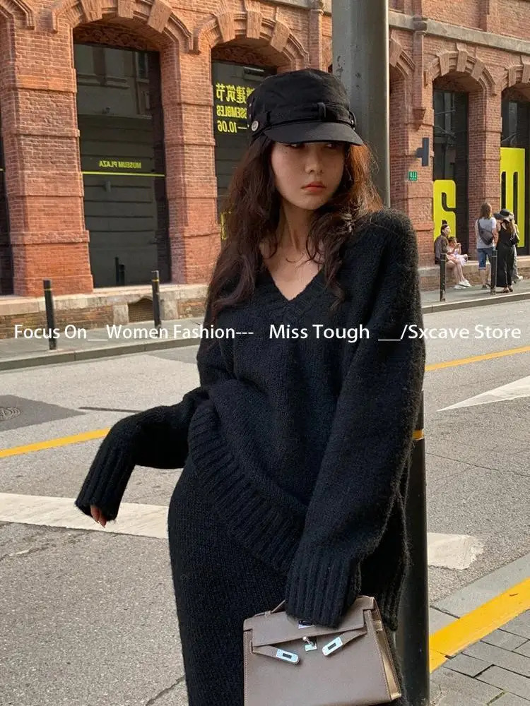 Knitted Sweater Set Skirt Women Winter Vneck Vintage 2 Piece Suits Pullover Knitted Pullover Skirt Korean Fashion Twopiece Set 251028