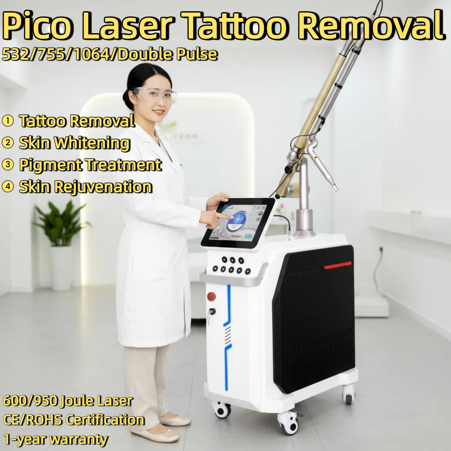 High Power Picosecond laser Machine 532/755/1064/Double Pulse Tattoo Removal Machine 600MJ/950MJ Skin Whitening Pigment Treatment Skin Rejuvenation Ma