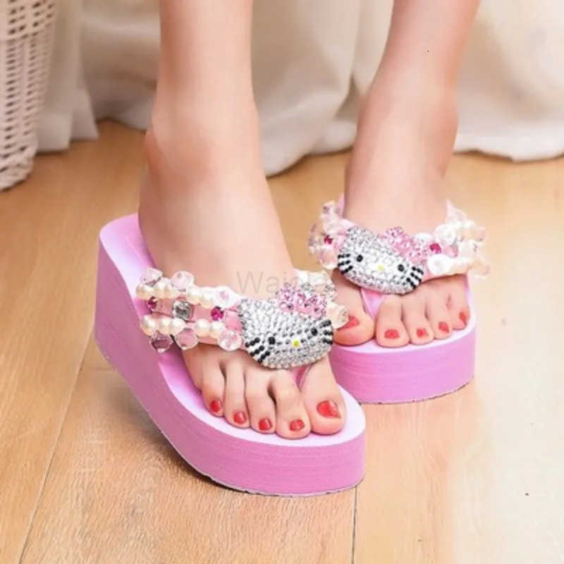 Sanrio Hello Kitty Flip Flop Sandals Kawaii Summer Cartoon Girls Anti Slip Beach Slides Womens Fashion High Heels Flip Flops L251015