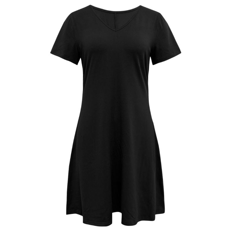 Chic Office-Wear for Ladies: V-neck Flared Hem Dress in Black w/Long Slits & Elbow-Length Arms Seasonal Apparel Model CF51016