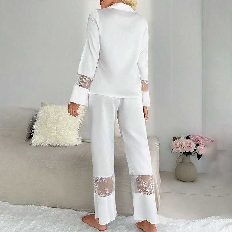 Women's Spring/Fall Silk Satin Lace-Panel Long-Sleeve Pajama Set with Pants nightgown retro nightgown nightgown set nightgown nightdress loungewe