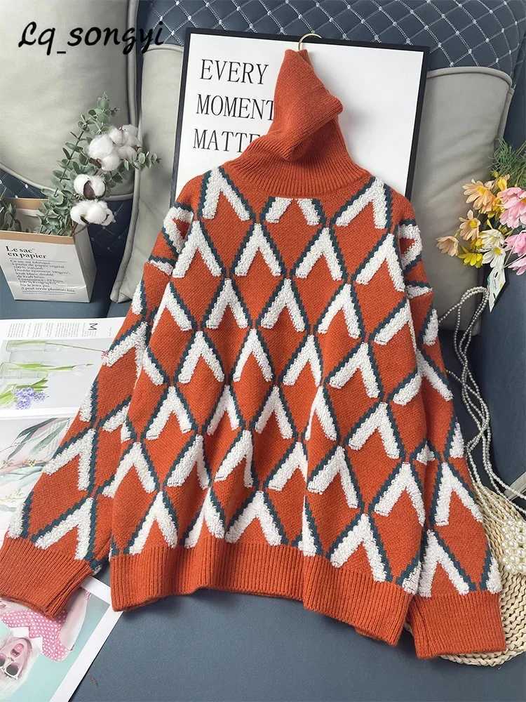 Oversized Sweaters Plaid Thicken Knitted 2024 Winter Pullover Knitted Coats Jackets Vintage Warm Turtleneck Jumper LQ1 J251015