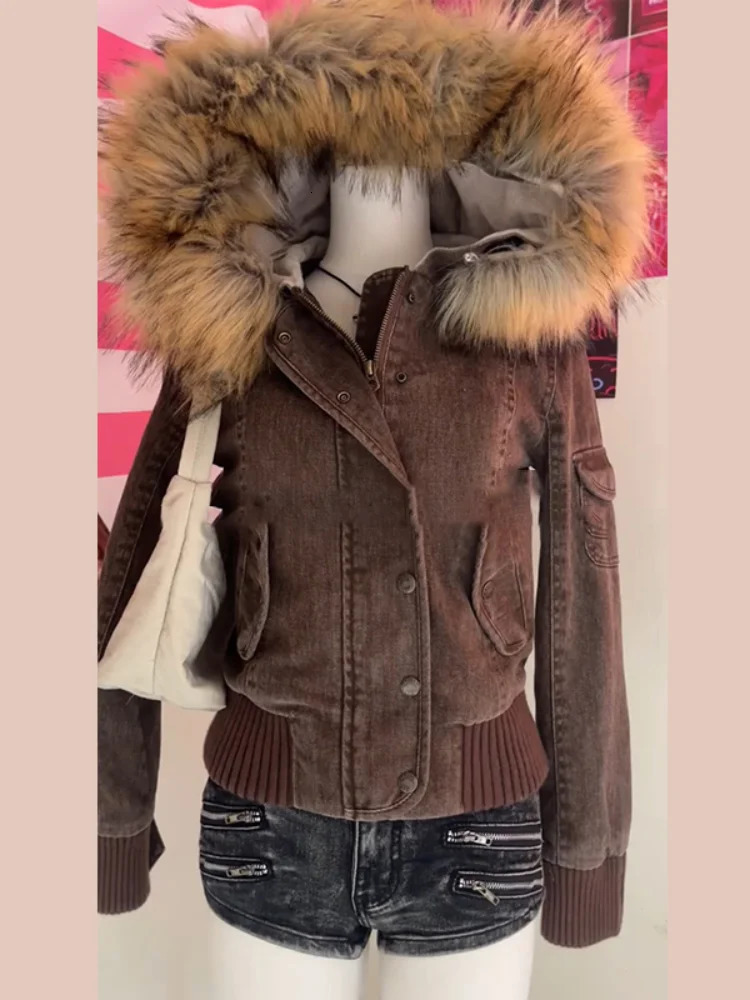 Vintage Brown Fur Collar Hooded Jacket For Women Slim Fit Long Sleeve Pocket Coat 2025 Female Autumn Winter Solid Streetwear 251008