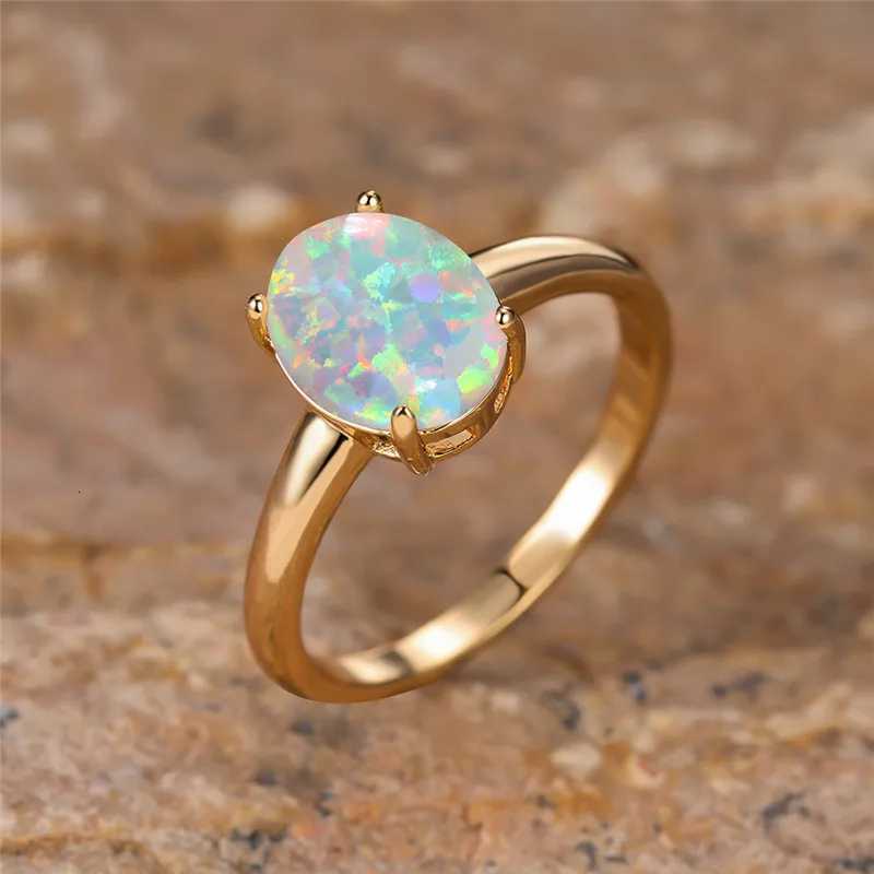 Female Rainbow White Fire Opal Stone Engagement Ring Yellow Gold Color Summer Wedding Jewelry For Women Finger BandsXJ251015