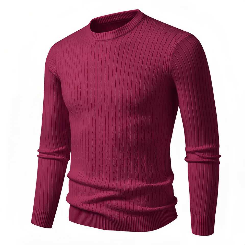 Mens Autumn Pullover Sweaters Solid Color Cable Knit Round Neck Sweater Slim Fit Long Sleeve Tops Warm Base Layer Knitwear J251015