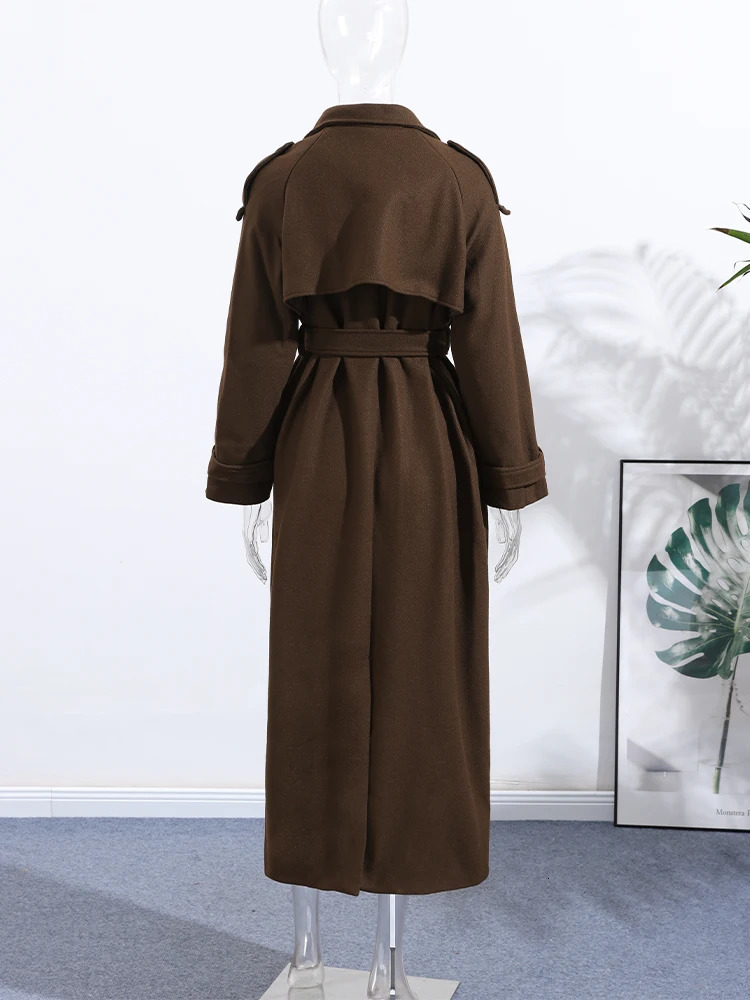 Elegant Solid Women Woolen Long Coats Loose Lapel Doublebreasted Full Sleeve Shoulder Pads Overcoat 2025 Autumn Outerwears 251015