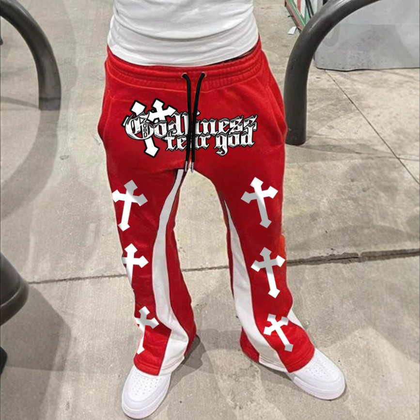 Mens Casual Street Style Trendy Cross Print Fashionable Slightly Flared Black and White Color-Block n Sweatpants 250819