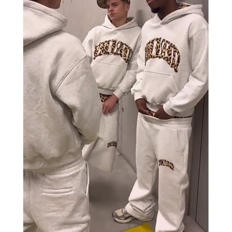 European and American trendy high street leopard print loose hooded sweatshirt casual stacking sweatpants 251015