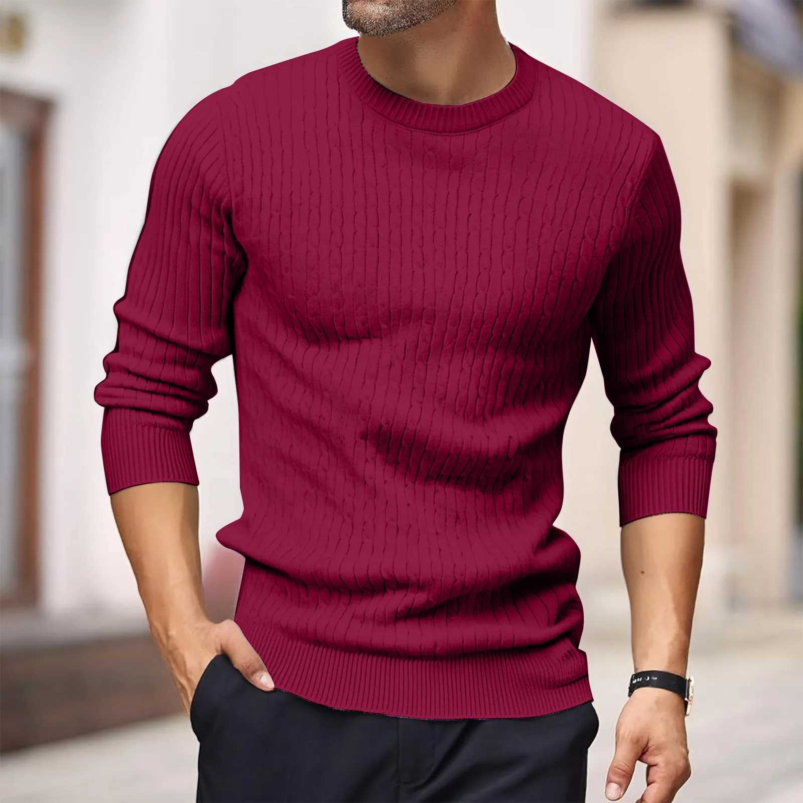 Mens Autumn Pullover Sweaters Solid Color Cable Knit Round Neck Sweater Slim Fit Long Sleeve Tops Warm Base Layer Knitwear J251015