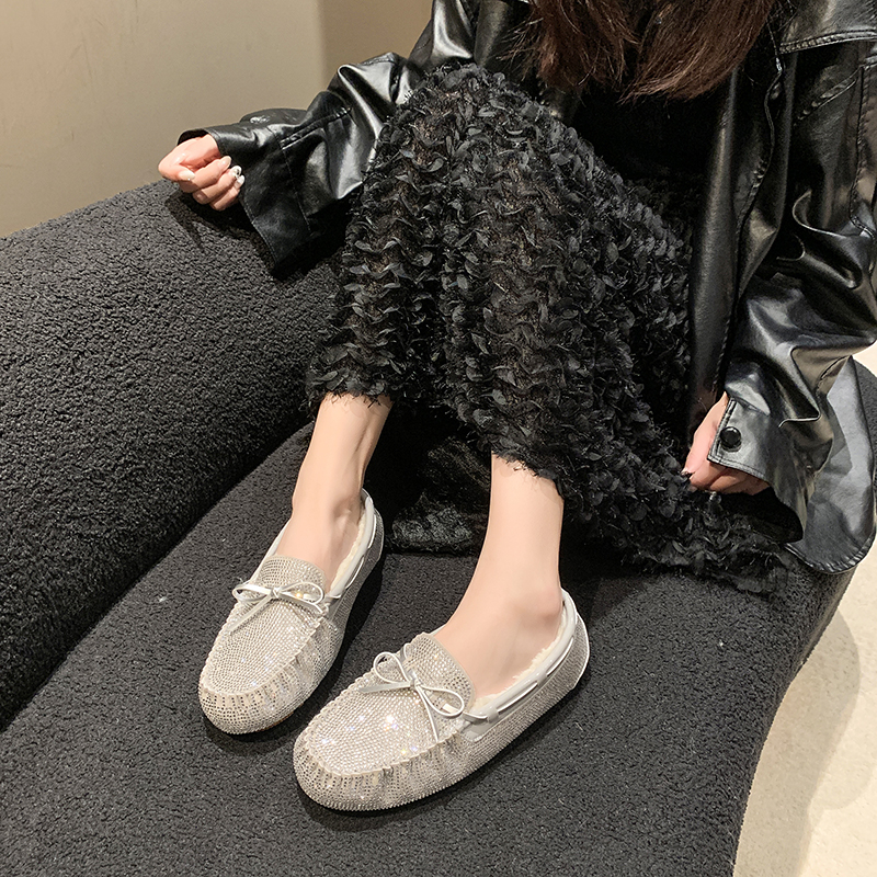 High Quality Fur Plush Women's Flat Shoes New Fashionable Women's Luxury Loafers Water Diamond Casual Shoes Plus Size Winter Work Shoes Desi