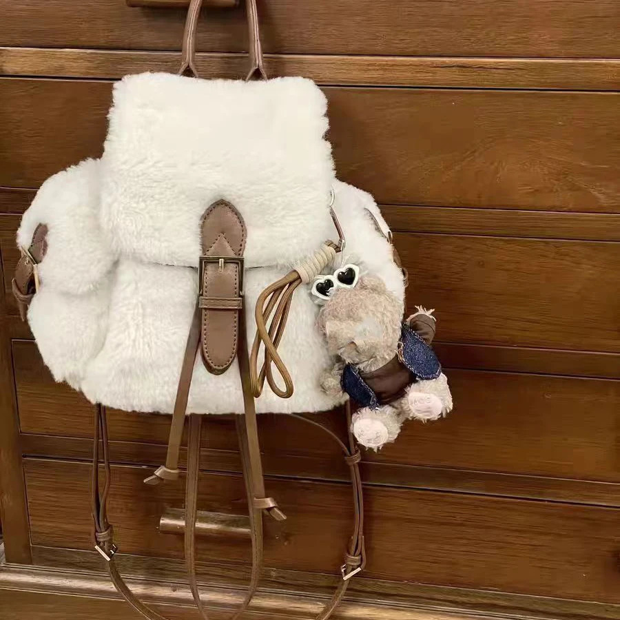 Women Plush Backpack Autumn Winter Vintage Versatile Large Capacity Double Shoulder Bag Japanese Korean Bag Trend 251010