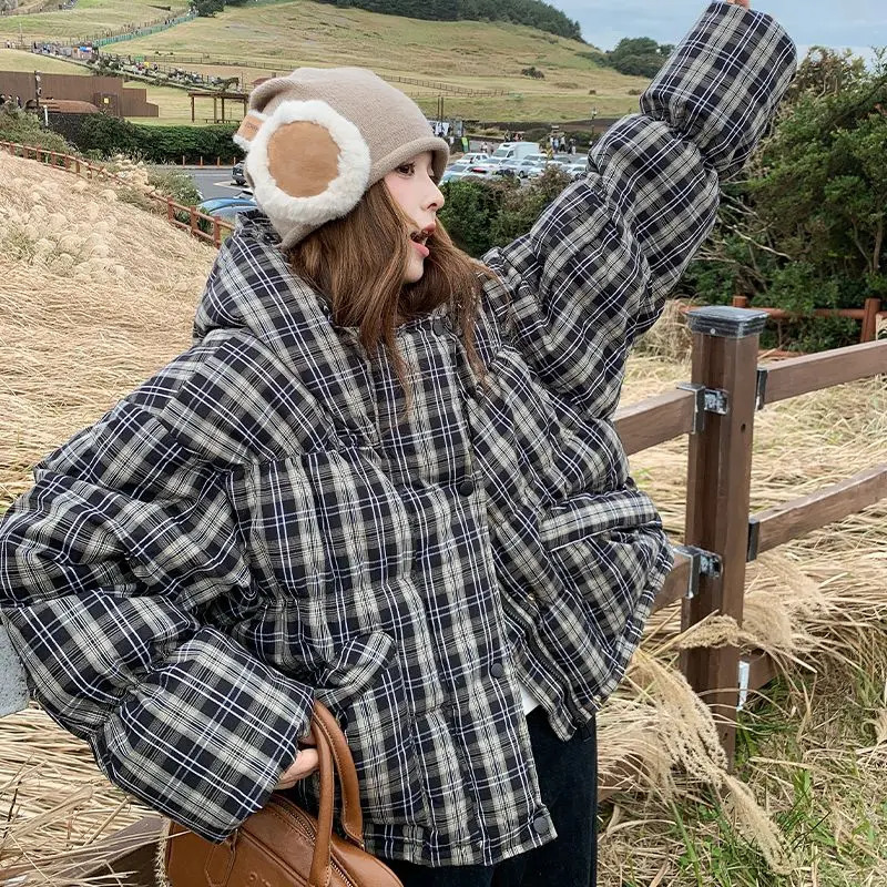 Retro Plaid Short Down Cotton Jacket for Petite Women in Winter Highend Cotton Jacket 251011