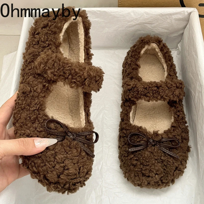 Furry Women Flats Shoes Comfort Round Toe Soft Sole Shoes Outdoor Warm Short Plush Shoes For Winter 251013
