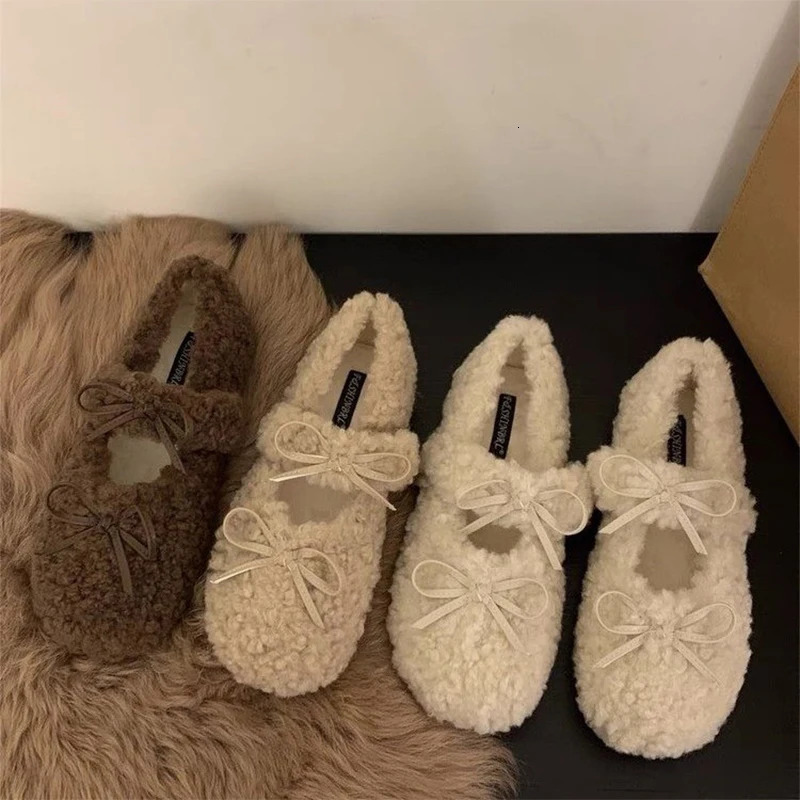 Bow Women Fur Loafers Shoes Flats Short Plush Cotton Shoes Winter Casual Warm Home Shoes Sport Sneaker Walking Zapatos Lady 251013
