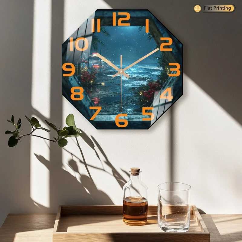 1pc Rich in Coastal Nightscape Octagonal Wall Clock for Study and Living Room Ideal Mothers Day and Easter Gifts C251015