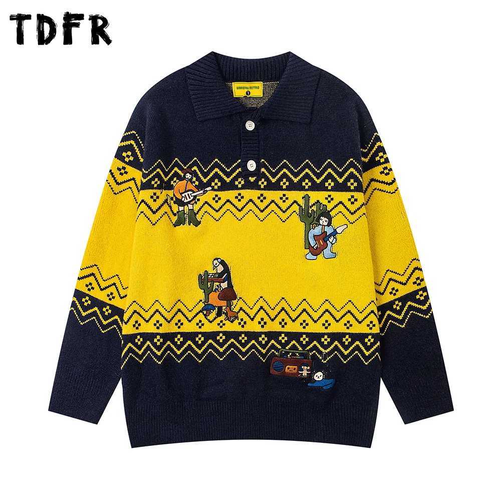 Cartoon Embroidery Contrast Sweater Mens Autumn Winter Retro Casual Lapel Drop Shoulder Long Sleeve Loose Knitted Pullover Man J251015
