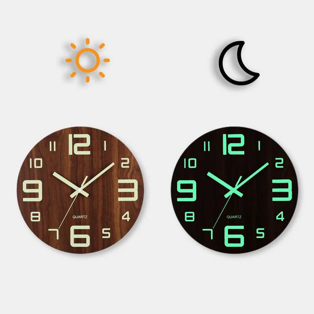 12 Inch Luminous Wall Clock Wood Silent light in dark night Nordic Fashion Wall Clock Non Ticking Clock With Night Light C251015