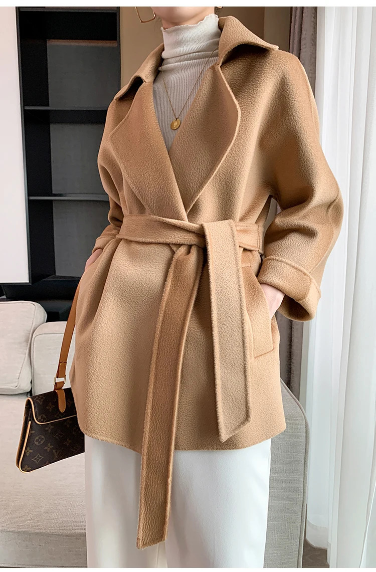 Autumn Short Doublesided Cashmere Water Ripple Coat Women Turndown Collar Loose Tempeament Warm Casual wool Jacket Female 251029