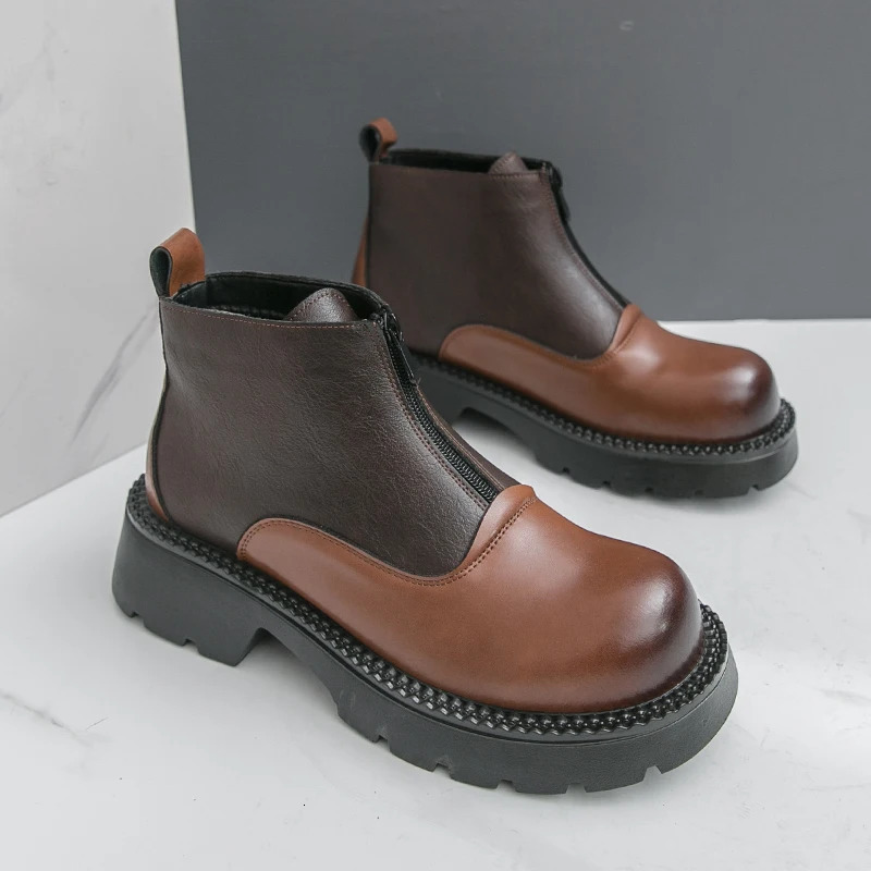Arrival Man Business Ankle Boots Round Toe Dress British High Top Leather Shoes SlipOn Casual Men Chelsea Botas 251014