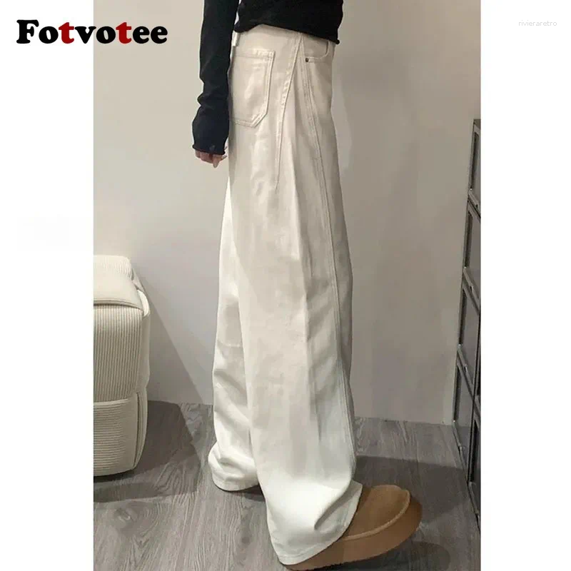 Women's Jeans FOTVOTEE High Waist Wide Leg White Women Simple Solid Straight Baggy 2025 Casual Fashion All-match Lady Trousers Z260313