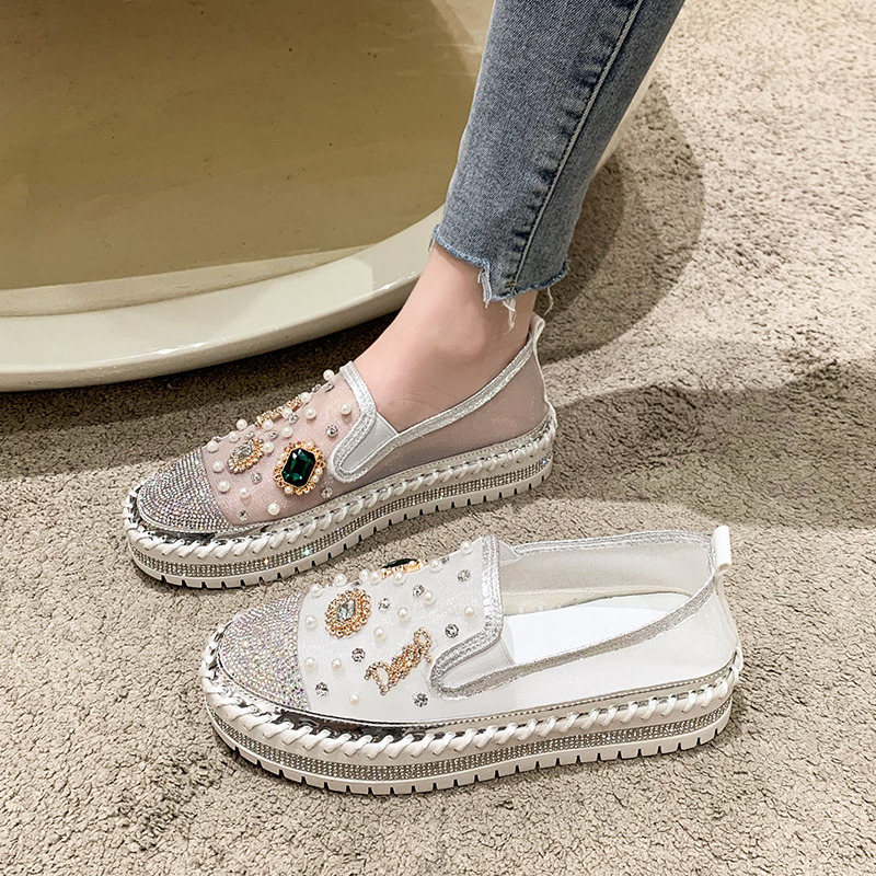 Designer Platform Loafers Women Summer Mesh Breathable Sneakers Rhinestone Pearl Flat Shoes Slip-On Pink Single Shoes Ladies Footwear Comfortable Walk