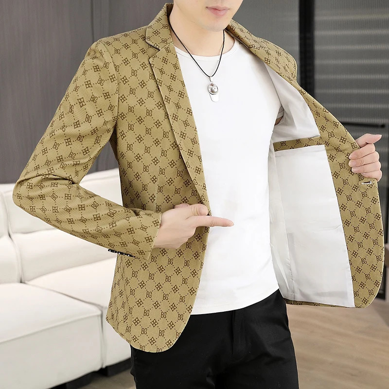 Mens Blazer Spring Autumn Casual Small Suit Checkered Jacket Fitted Large Size Single Western Wear Coat 251010