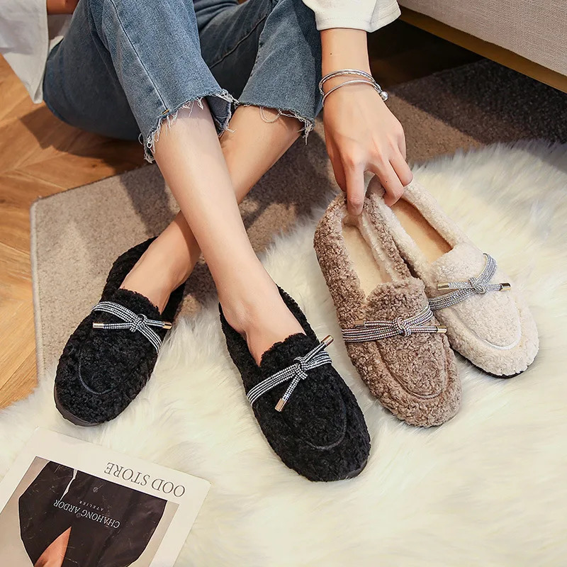 Curly Fur Shoes Woman Glitter Bowtie Cotton Flats Lambswool Loafers Ladies Winter Footwear Cashmere Plush Shoes Comfy Moccasins 251013
