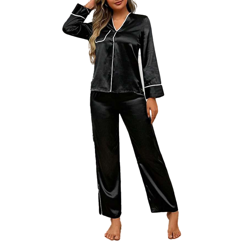 Women's Spring/Fall Silk Satin Minimalist Long-Sleeve Pants Sleepwear Set for Homewear