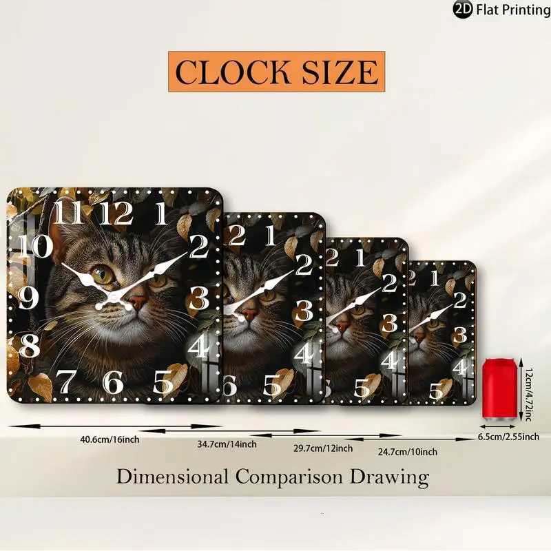 Vintage 2DFlat Tabby Cat Portrait Wooden Silent Quartz square Wall Clock Perfect Christmas gift for friends C251015