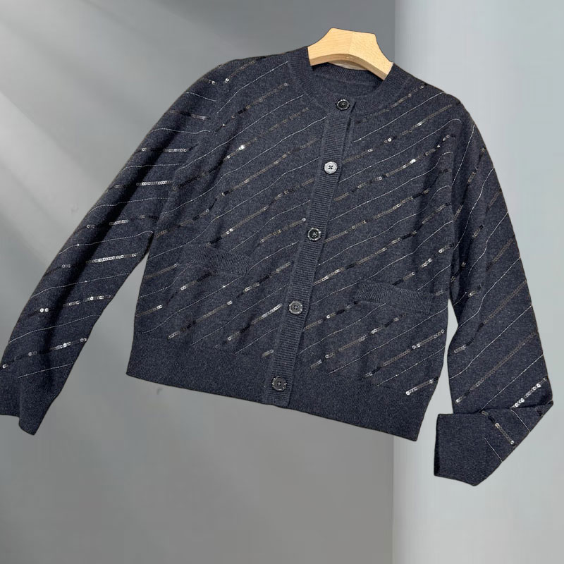 Retro Y2K Designer Luxury Women's Cotton Blend Sequin Striped Cardigan Outerwear Stand Collar Zip Up Knitwear Two Colors Soft Comfortable Long Sl