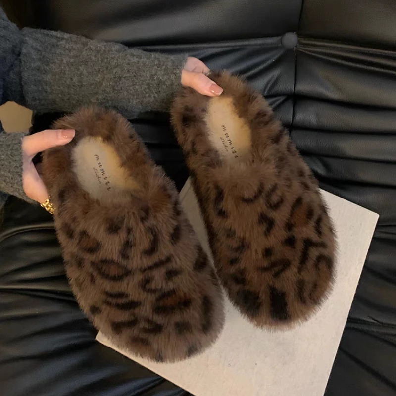 Leopard Women Flats Slippers Fur Mules Shoes Casual Fashion Slingback Short Plush Sneakers Woman Flip Flops Cozy Slides 251013