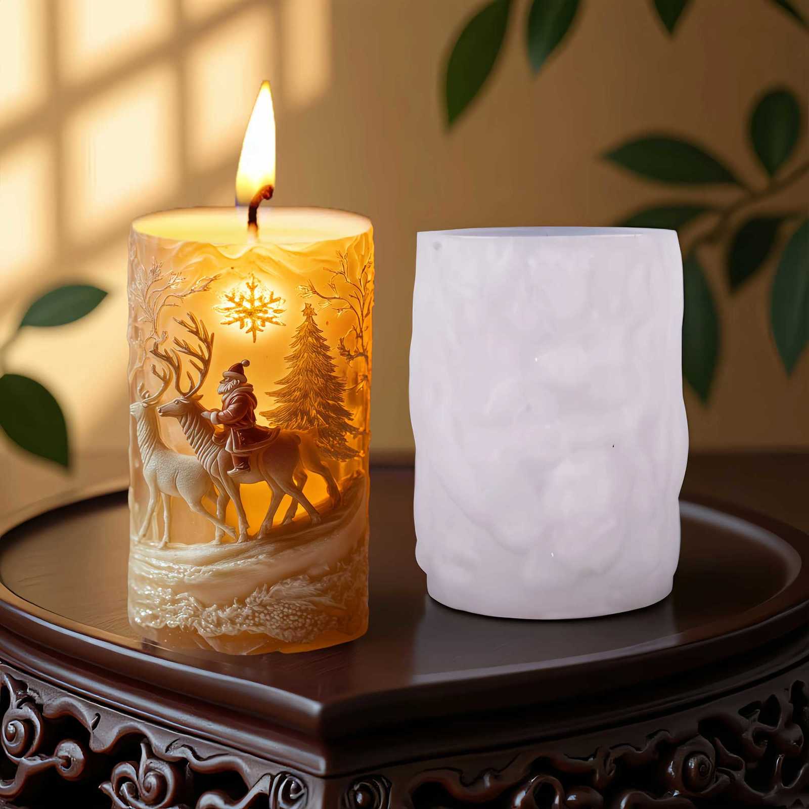 3DReindeer riding Santa Claus cylindrical candle silicone mold Christmas tree snowflake snow forest reindeer resin molds C251015