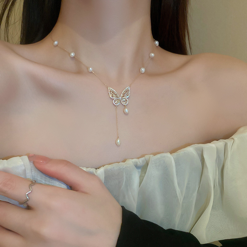 Real Gold Plated Freshwater Pearl Micro Inlaid Zircon Butterfly Tassel Necklace Design Sense Collarbone Chain Elegant Ins Style Jewelry - view 5