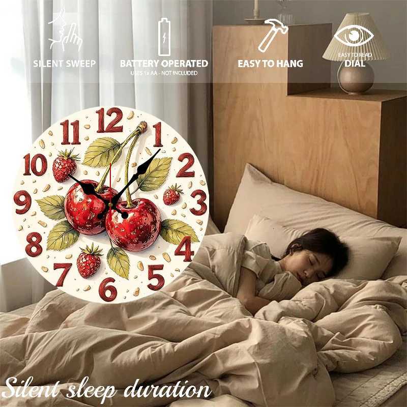 Cherry Strawberry Wooden Round Silent Hanging Wall Clock Suitable For Living RoomOfficeStudy Room Bedroom Home Decoration C251015