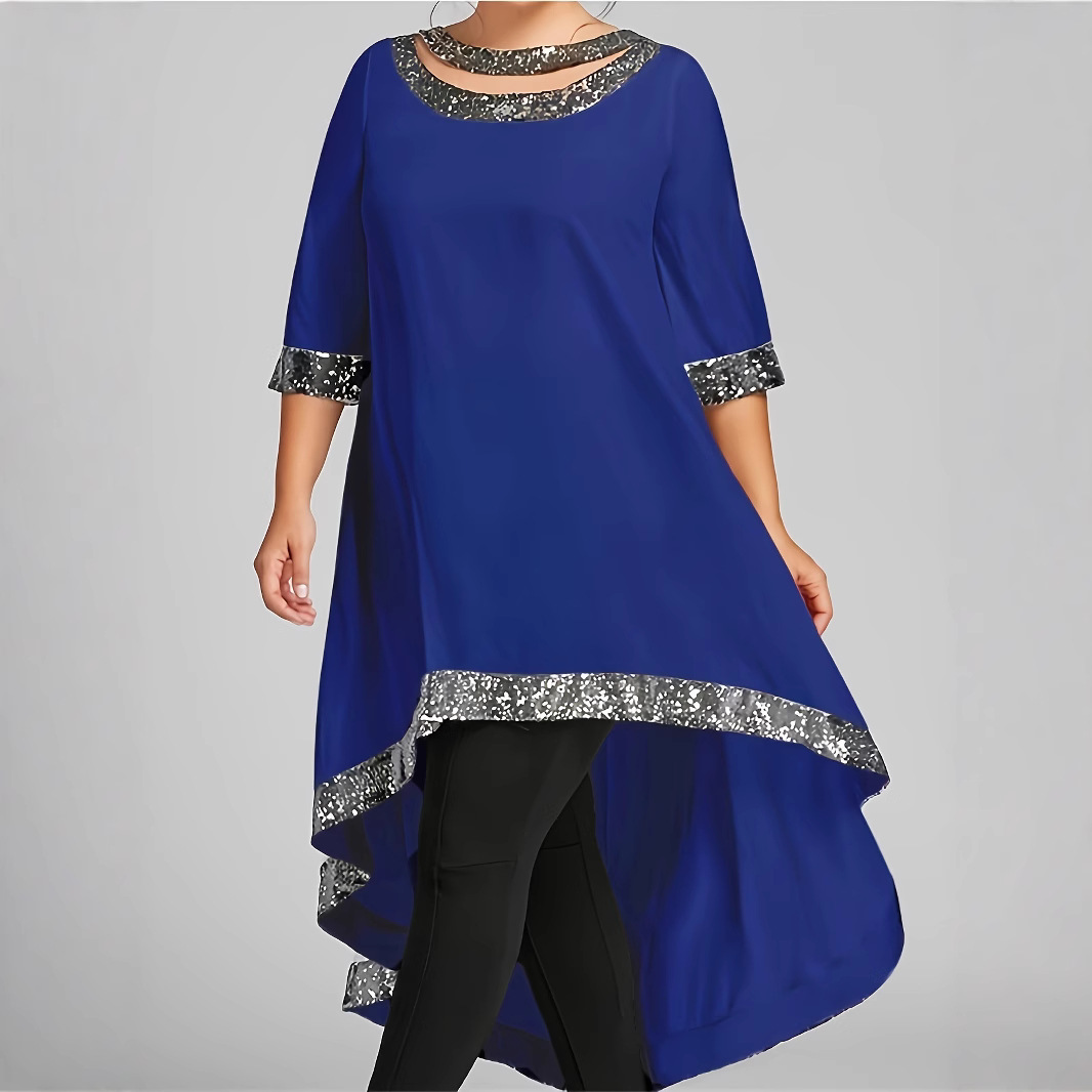 H1015European and American Amazon women's loose skirt splicing short-sleeved dress solid color shiny silk hem