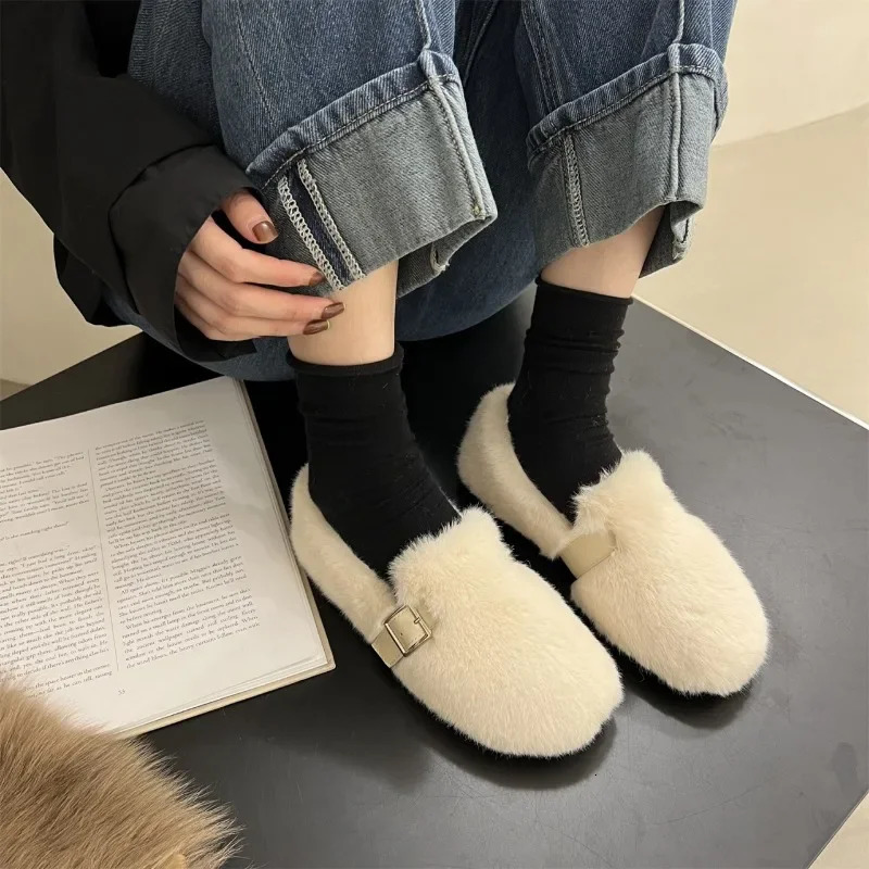 Fur Flats Women Loafers Shoes Winter Short Plush Warm Cotton Shoes Comfortable Trend Walking Shoes Casual Femme Zapatos 251013