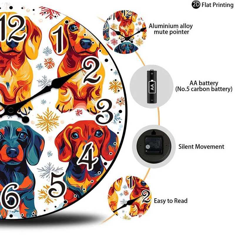 Wooden Silent Wall Clock Dachshund dogs with snowflakes Quartz Clocks FarmhouseOfficeIdea ChristmasHalloweenNew Year Gift C251015