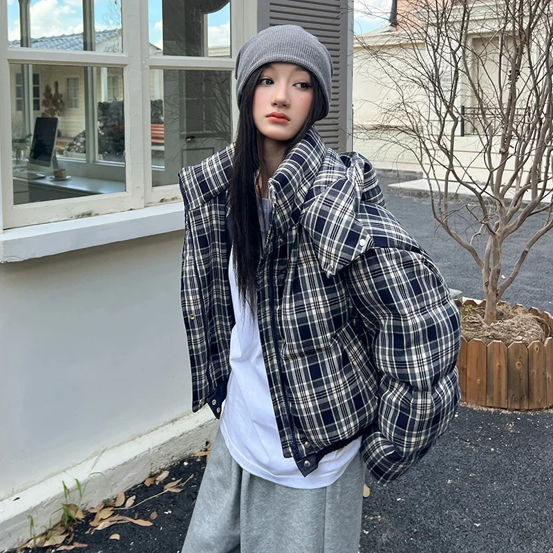 Autumn Winter Thick Warm Puffer Jacket Women Fashion Hooded Long Sleeve Short Parkas Print Plaid Down Cotton Padded Coat Female 251011
