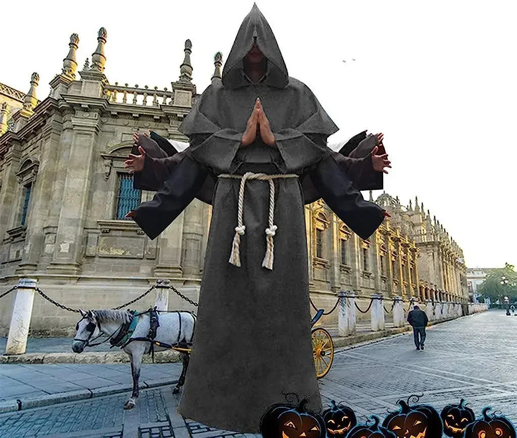 Medieval Monk Hood Cloak Sorcerer Priest Costumes Halloween Robe Wizard Knight Cape Adult Teens Outfit Party Props Set251014 - view 5