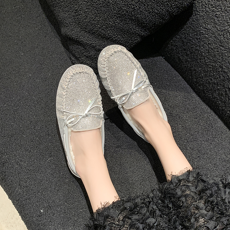 High Quality Fur Plush Women's Flat Shoes New Fashionable Women's Luxury Loafers Water Diamond Casual Shoes Plus Size Winter Work Shoes Desi