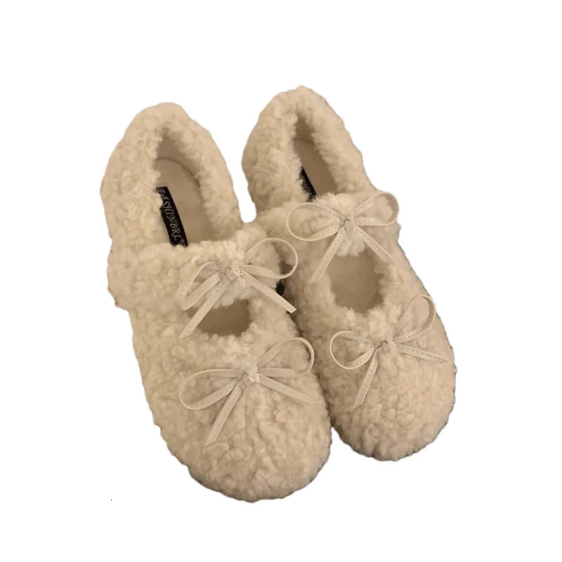 Bow Women Fur Loafers Shoes Flats Short Plush Cotton Shoes Winter Casual Warm Home Shoes Sport Sneaker Walking Zapatos Lady 251013