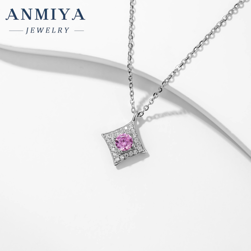 New Arrival Round Brilliant Cut Ice Cubic Zirconia 925 Sterling Silver Pendant Trendy Pink Necklace for Anniversary