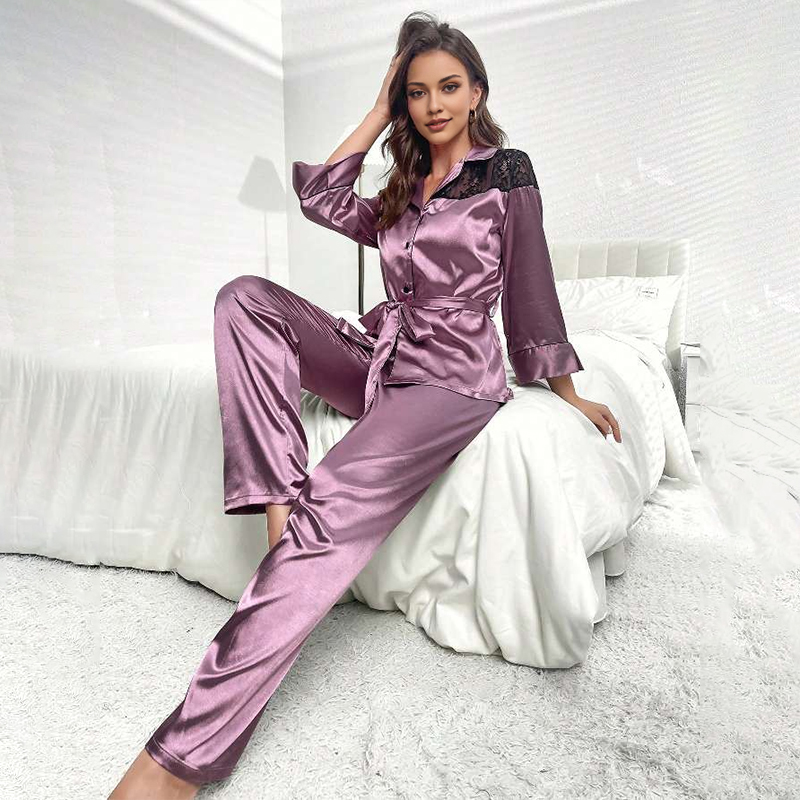 Women's Spring/Fall Silk Satin Lace-Panel Long-Sleeve Pajama Set with Pants nightgown retro nightgown nightgown set nightgown nightdress loungewe