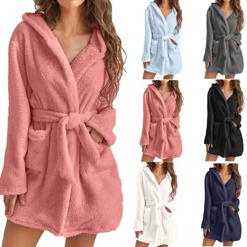 Women Bath Robe Winter Fluffy Plush Pyjamas Ladies Sexy Hooded Dressing Solid Color Gown Warm Bathrobe Female Home Clothing251014