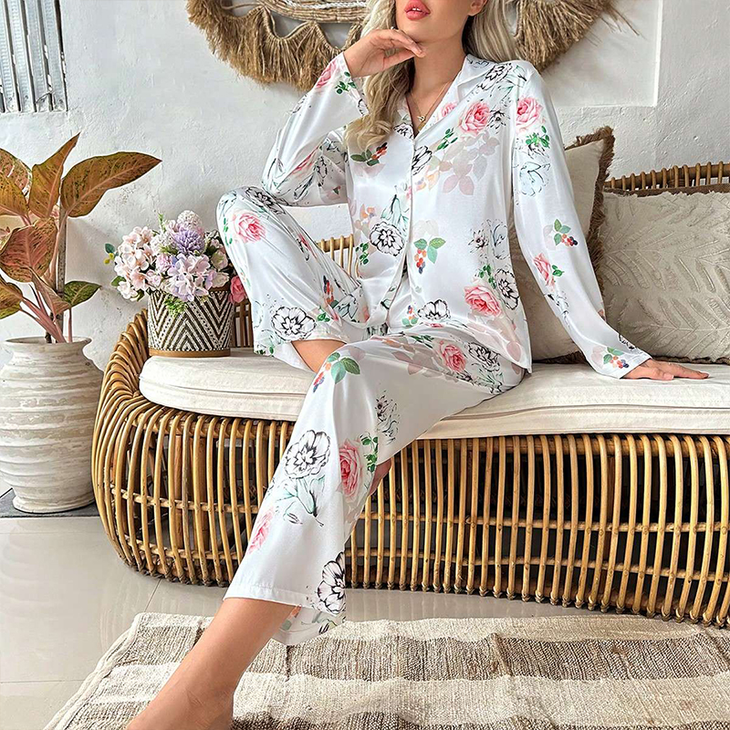 Women's Spring/Fall Silk Satin Floral Print Long-Sleeve Pajama Set with Pants nightgown retro nightgown nightgown set nightgown nightdress lounge