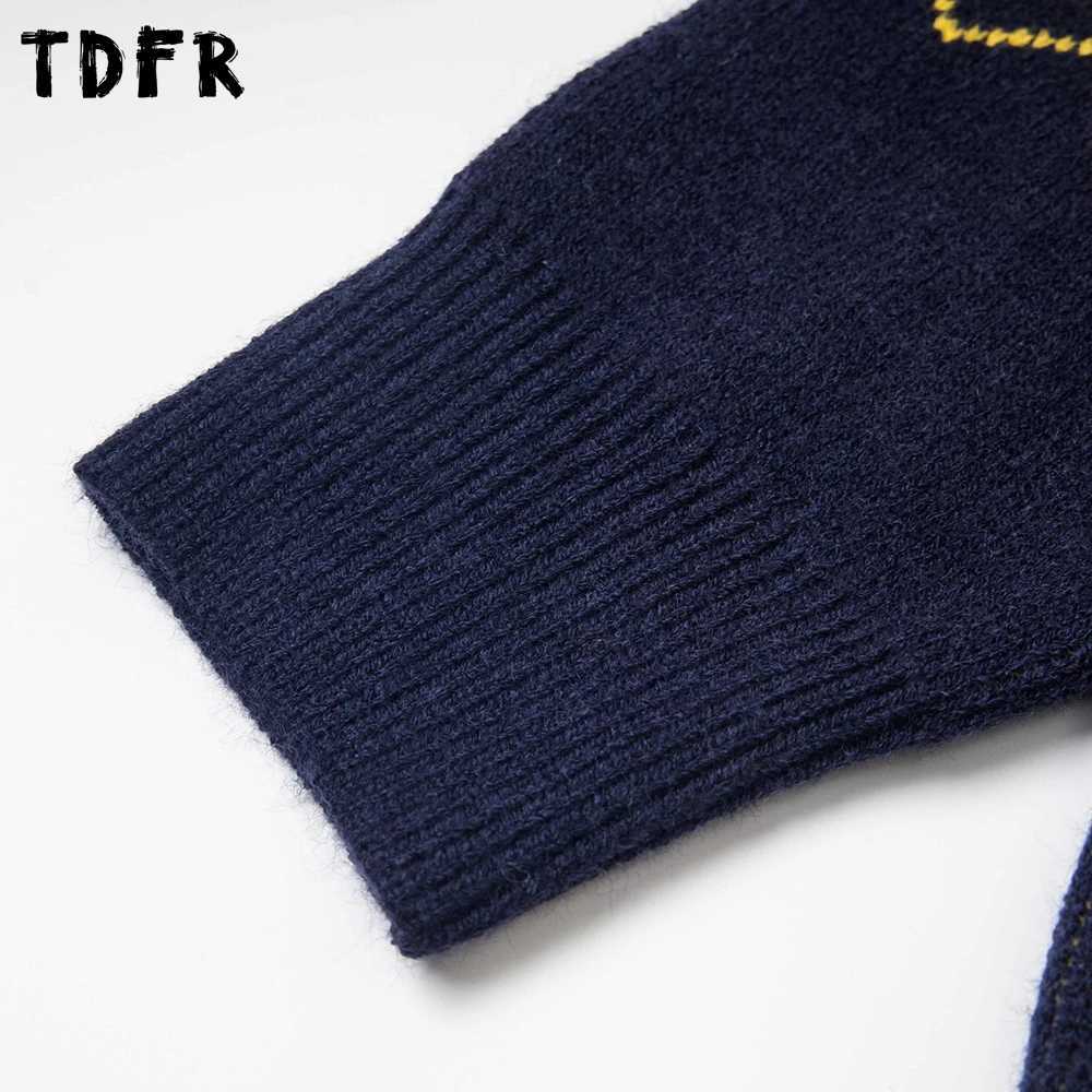 Cartoon Embroidery Contrast Sweater Mens Autumn Winter Retro Casual Lapel Drop Shoulder Long Sleeve Loose Knitted Pullover Man J251015