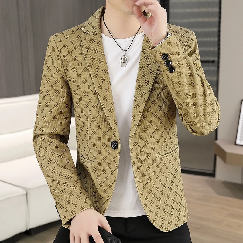 Mens Blazer Spring Autumn Casual Small Suit Checkered Jacket Fitted Large Size Single Western Wear Coat 251010